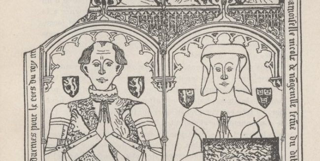 Plate-tombe Pierre de Bretigny et sa femme – Eglise de Nangeville (Source Brochure abbe Mouflet, 1943