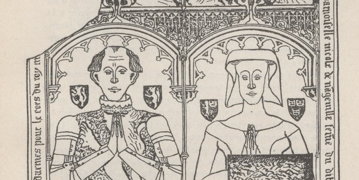 Plate-tombe Pierre de Bretigny et sa femme – Eglise de Nangeville (Source Brochure abbe Mouflet, 1943