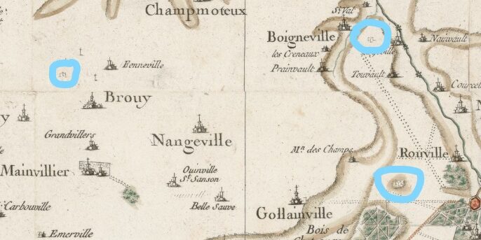 Fourches patibulaires – Carte de Cassini vers 1750 – Environs de Nangeville